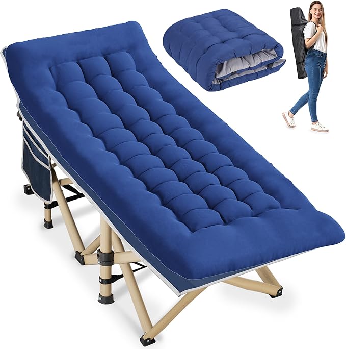 Folding Camping Cot for Sleeping, Portable Cots for Adults, Heavy Duty Cot Bed 550LBS(Max Load), Extra Wider Cots with Large Pocket for Outdoor, Office, Beach