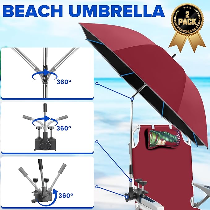 2PACK 48.7inch Umbrella for Beach Chair, 360°Adjustable 50+ UV Protection Large Camping Chair Umbrella with Universal Clip for Glof Cart, Garden Table, Bleacher（Chair,Table not include）