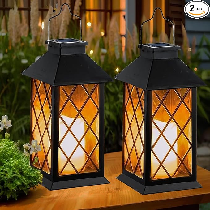 Solar Lanterns Outdoor Waterproof, 2 Pack Glass Hanging Solar Lights with Flickering Flameless Candle, Outdoor Lanterns for Patio Wall Porch Table Garden Yard Tree, Gift for Women Mom - Black