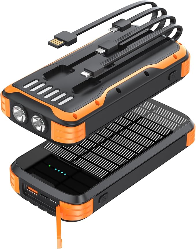 Solar Power Bank 40000mAh, Portable Charger PD 20W Fast Charging Solar Charger Power Bank Built in 4 Cables and USB-C in/Output, Camping Essentials External Battery Pack with Flashlights