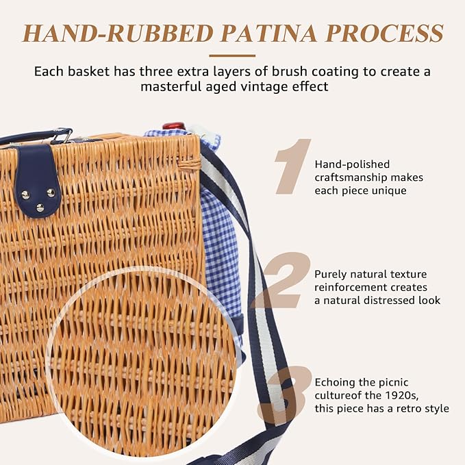 Picnic Basket for 2 with Blanket, Willow Picnic Basket Set with Shoulder Strap&Wine Pouch, Large Willow Hamper with Insulated Cooler for Outdoor, Camping, Beach, Couples, Wedding Gift