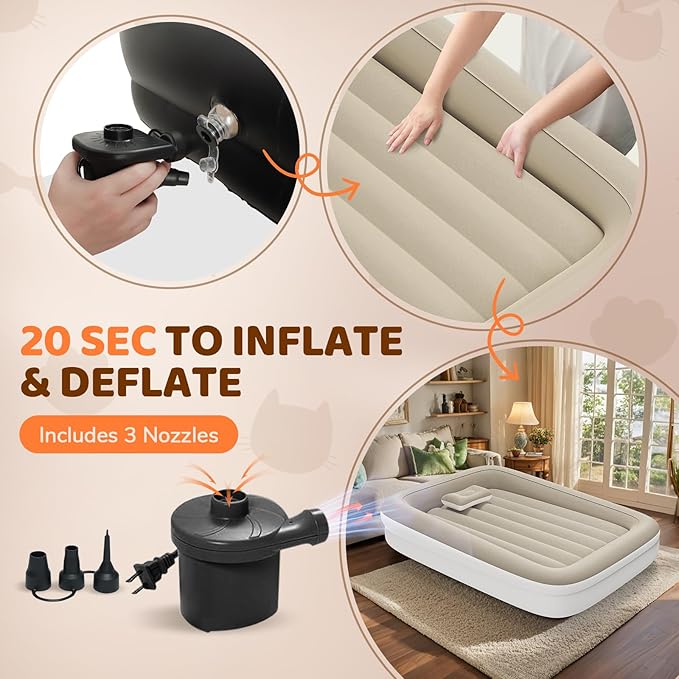 Inflatable Toddler Travel Bed - 53 Inches Portable Toddler Air Mattress with Four Safety Sides - High-Speed Pump and Carry Bag - Comfortable Mattress & Easy to Inflate and Deflate - Apricot