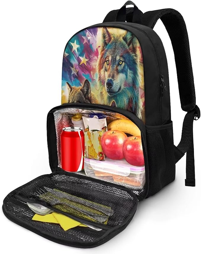 USA Flag Wolf Casual Bookbag Backpacks Hiking Outdoor Insulated Unisex Lunch Cooler Backpack Patriotic All In One Backpack Meal Bag Travel Laptop Bag 4th of July