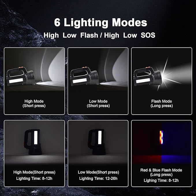 ERAY Handheld Large Flashlight Rechargeable, 10000 Lumens Powerful LED Spotlight Searchlight Strobe Flashlight Lantern Combo Black, 6 Lighting Modes for Outdoor Camping Hiking Fishing Emergency