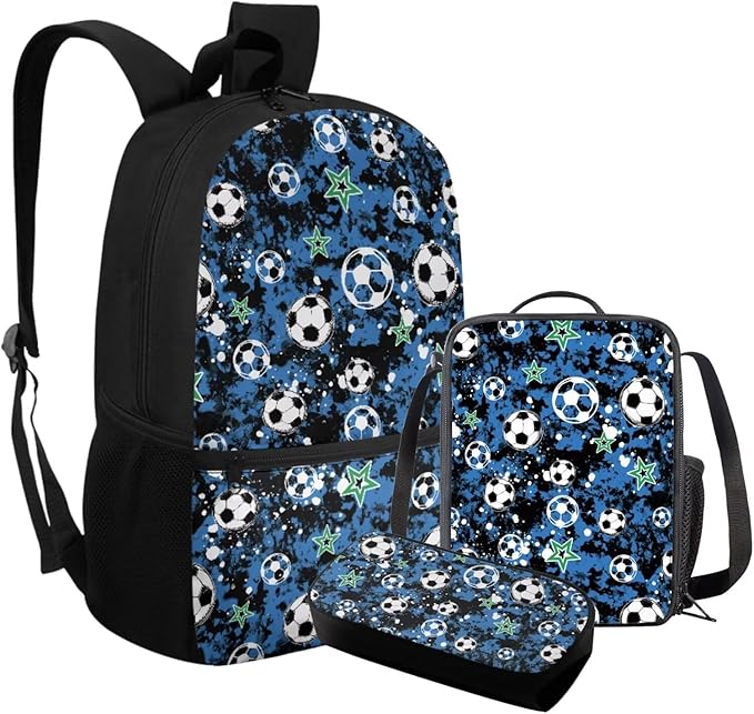 Rnyleeg Soccer Backpack for Boys 6-8 with Lunch Box Novelty Blue Camo Kids Backpack Set Large Capacity Bookbag Set of 3 for Primary School Back to School Supplies