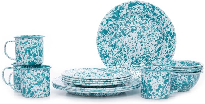 Enamelware Starter Set, 16 piece, Turquoise/White Splatter