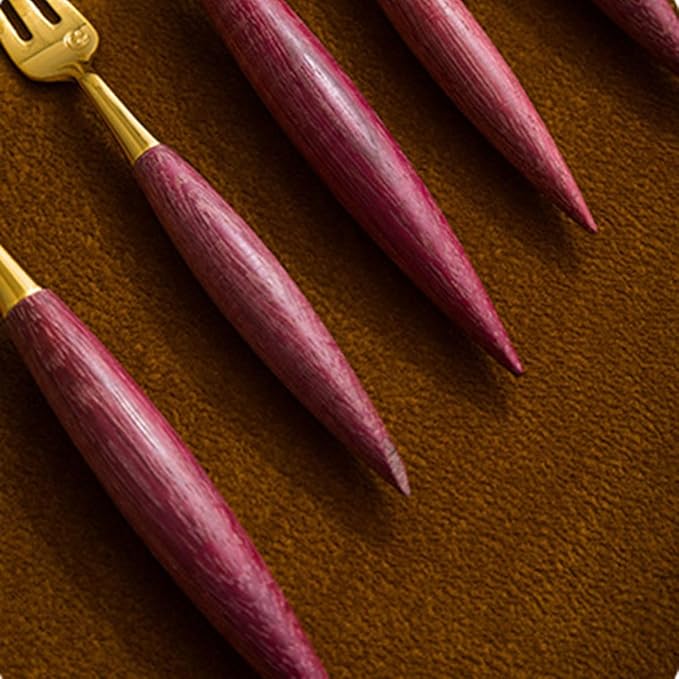 42 Piece Gold Silverware Set Stainless Steel Violet Wood Handle Flatware Set for 6，Kitchen Utensil Tableware Sets Forks Spoons and Knives Set for Home/Camping/Travel,Mirror Finish