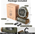Odoland 30000mAh Camping Fan with LED Lantern, Rechargeable Battery Operated Oscillating with Remote Hook, Portable Tent Fan with Timer, 4 Speeds for Outdoor RV Jobsite Power Outage, Brown