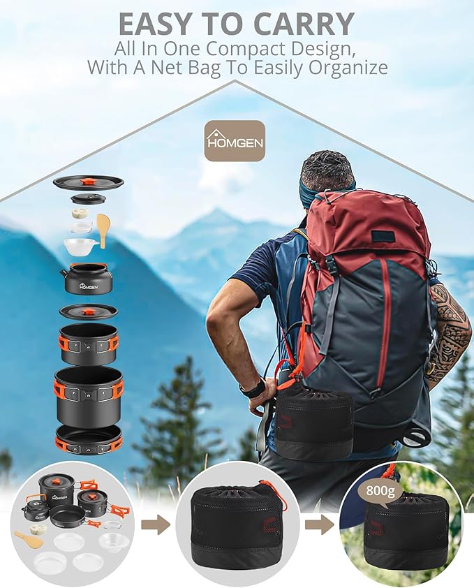 HOMGEN Portable Camping Cookware Set-Lightweight Aluminum Camp Pots and Pans Kit-Comes with Non-Stick Pots/A Frying Pan etc-Complete Camping Mess Kit for Camping/Hiking/Fishing & Other Outdoor Trip