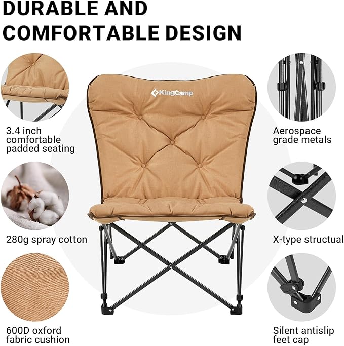 KingCamp Padded Oversized Camping Chair and Bamboo Folding Table 4-Fold Portable Camping Table with Visual Adjustable Height Aluminum Legs,Outdoor Lightweight Camp Tables with Carry Bag
