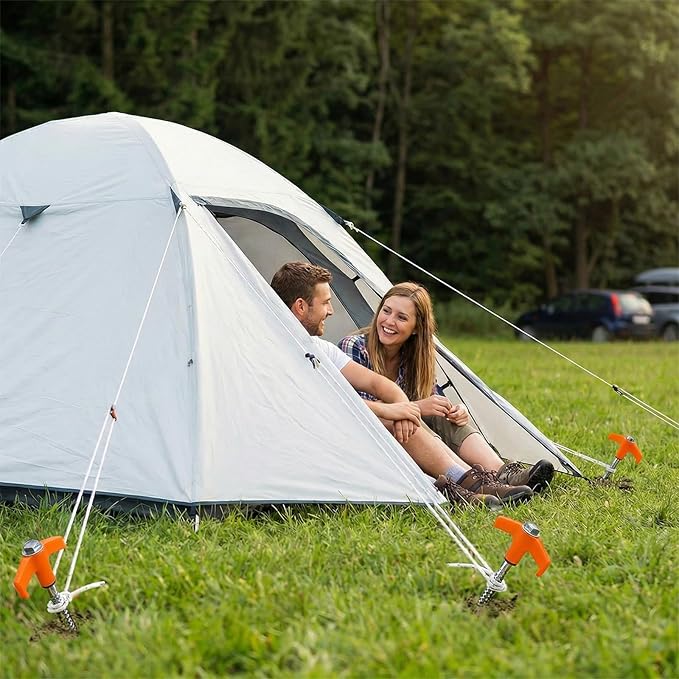8" Heavy Duty Screw in Tent Stakes, Metal Camping Stakes, Drill-In Ground Anchor, Threaded Stakes for Canopies, Gardening, Yard Inflatables, with Hex Socket and Storage Bag (20, Orange)