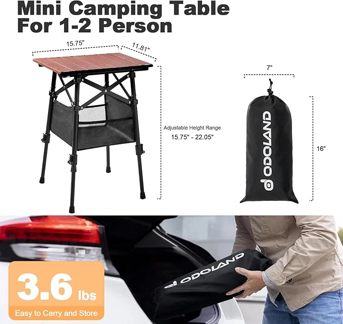Odoland Folding Camping Table, Adjustable Height Small Portable Picnic Table with Storage Bag for Outdoor Camp, Cooking, Beach, Travelling, Backyards, Fishing