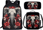 3 Pcs Elephant Red White Plumeria Flowers Print Travel Backpack for Women, Black Bookbag Waterproof School Bag Insulated Lunch Box Aesthetic Cosmetic Makeup Bag Stationery Pouch Bag