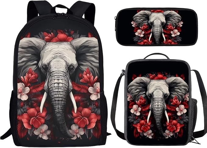 3 Pcs Elephant Red White Plumeria Flowers Print Travel Backpack for Women, Black Bookbag Waterproof School Bag Insulated Lunch Box Aesthetic Cosmetic Makeup Bag Stationery Pouch Bag