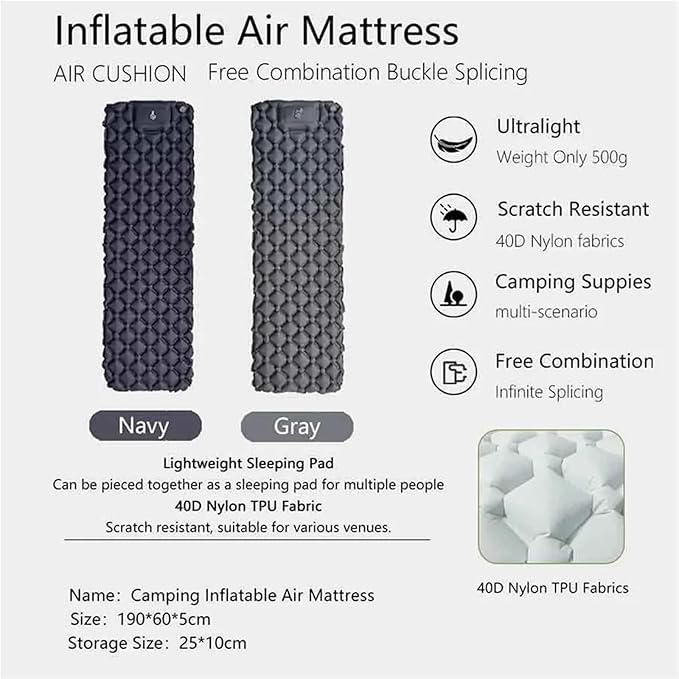 Ultralight Inflatable Camping Mat - No-Pillow Air Cushion, Compact Sleeping Pad for Tent Picnic Backpacking Hiking(Navy)