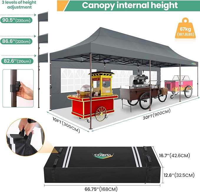 COBIZI 10x30 Pop Up Heavy Duty Canopy with 8 Sidewalls and Hexagonal Legs, Easy up Tent for Party, Wedding and Commercial, Outdoor Canopy with Roller Bag, Sand Bags, Waterproof & UPF50+ (Gray)