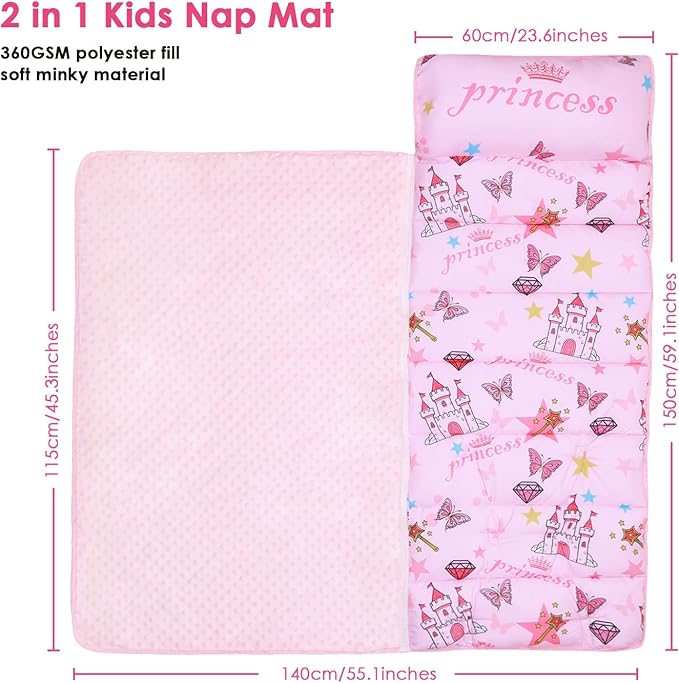 Kids Nap Mat Portable Slumber Bags with Removable Pillow and Blanket for Girls Boys, Lightweight Extra Large Sleeping Bag for Preschool Camping Daycare