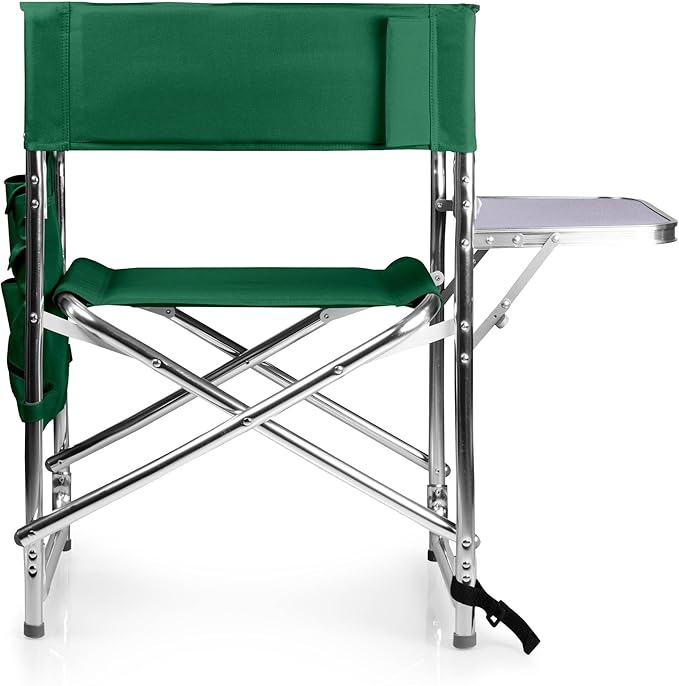 PICNIC TIME Sports Chair with Side Table and Armrest Caddy, Lightweight Aluminum Folding Outdoor Camping Chair for Adults, Portable Director Style Lawn Seating with Pockets & Strap, (Hunter Green)