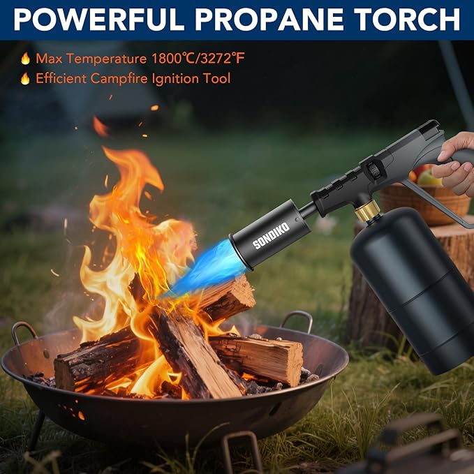 Sondiko Powerful Propane Torch Gun, Cooking Torch for BBQ, Sous Vide, Charcoal Starter and Steak Searing, Adjustable Blow Torch, Best Father's Day Gift, Gray & Black(Propane Tank Not Included)