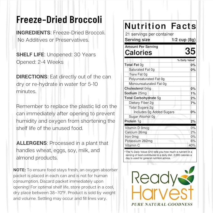 Ready Harvest Freeze Dried Food - Broccoli Florets | Emergency Food | Long-Term Storage | #10 Can | 25-Year Shelf Life | Cans Filled to the Top