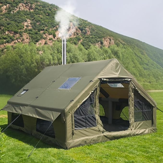 Large Luxury Inflatable Camping Tent Cotton Canvas Tent, Breathable and Waterproof Air Tent with Skylight and Stove Jack Hole for for 4-6-8-10 Person Family Camping