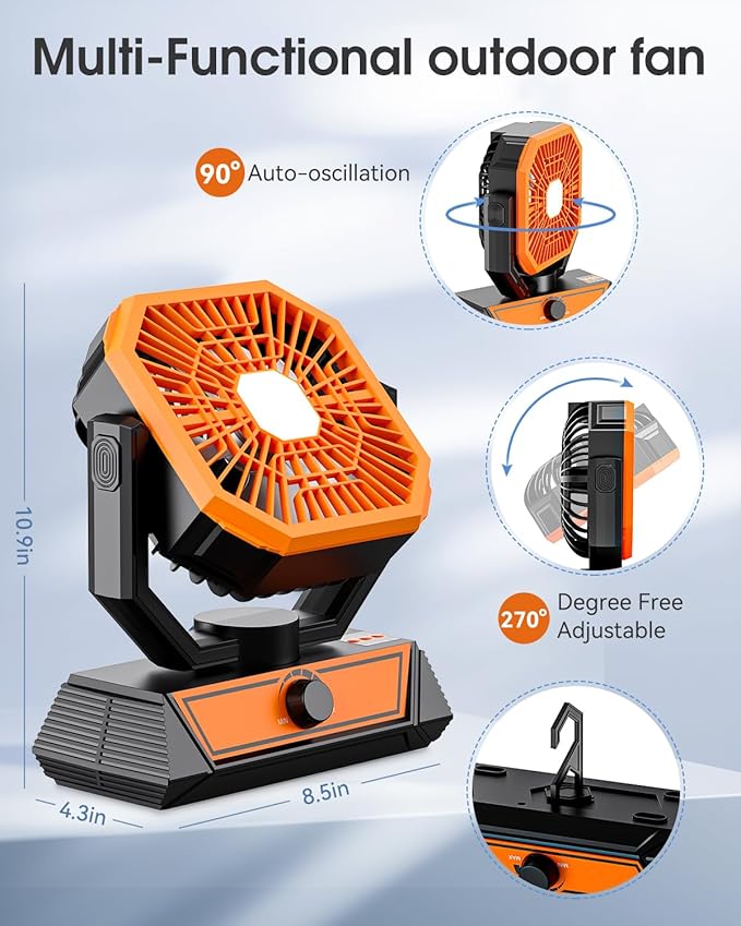 Portable Camping Fan with 20000mAh Rechargeable Battery, USB-C Battery Powered Fan for Indoor Outdoor Use, Ultra Quiet Battery Operated fan for Travel, Tent, Beach, Picnic, BBQ, Desk, Home