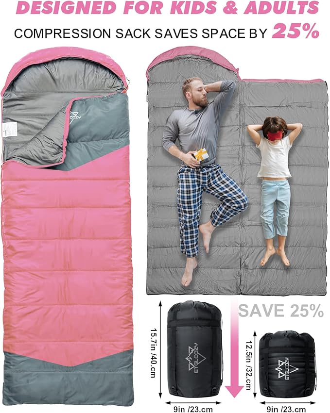 Single Sleeping Bag for Adults Kids 3-Season, Lightweight Waterproof Ripstop, Dual Zipper Bottom Vent, Compression Sack, Portable Camping Hiking Backpacking Gear