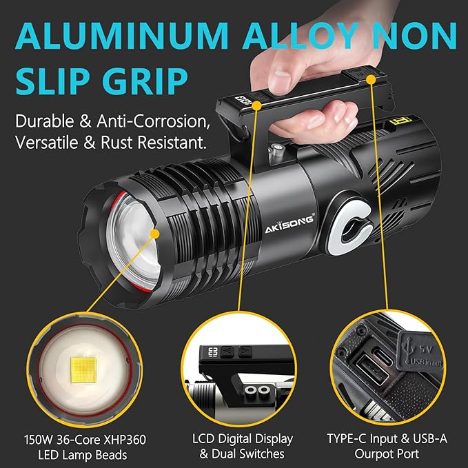 150W Rechargeable Handheld Spotlight 18,000 High Lumens, Super Bright Zoomable XHP360 Spot Light Searchlight with USB Output, Large Capacity Powerful LED Flashlight for Home Emergency Boating Camping