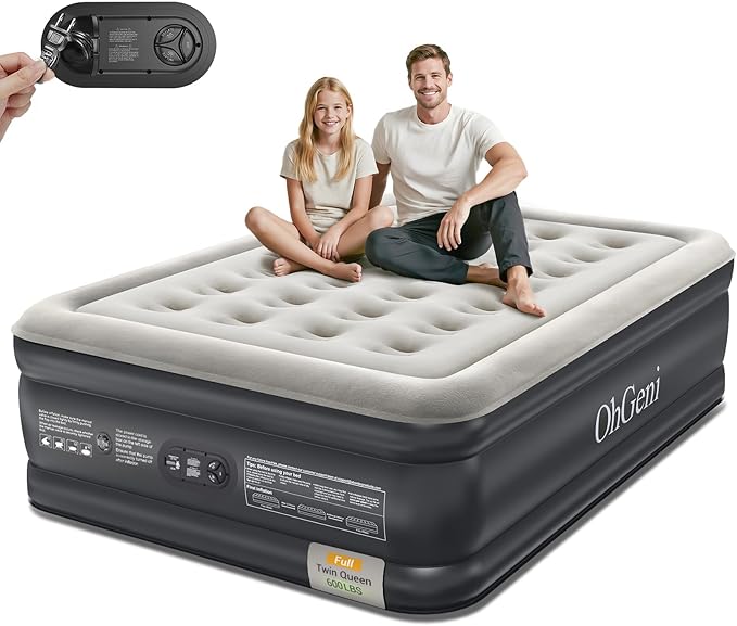 OhGeni Air Mattress Full with Built in Pump, Ideal Alternative to a Bed, 18'' Raised Comfortable Blow Up Colchones Inflables Mattress for Home, Guests, Foldable Portable Bed for Adults, 600 lbs