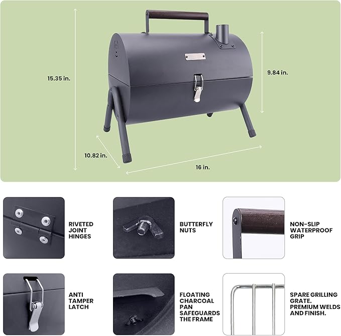 AGG Portable Charcoal Grill - 2-in-1 Tabletop BBQ & Griddle Combo - Compact Mini Barrel Grill for Camping, Balcony & Tailgating - Includes Apron, Heat-Resistant Gloves & Tongs -Small Outdoor Grill