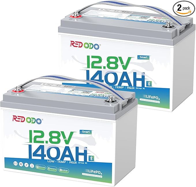 Redodo Smart Bluetooth 12V 140Ah LiFePO4 Battery, Group31 Lithium Battery, 10 Years Lifetime, 150A BMS, Real-Time Monitoring, Perfect for RVs, Marine, Boat, Solar and Off Grid 2 Pack