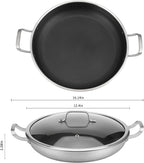 Tri-Ply Stainless Steel Paella Pan Large Saute Pan with Lid (Stainless Steel, Hybrid 12INCH)