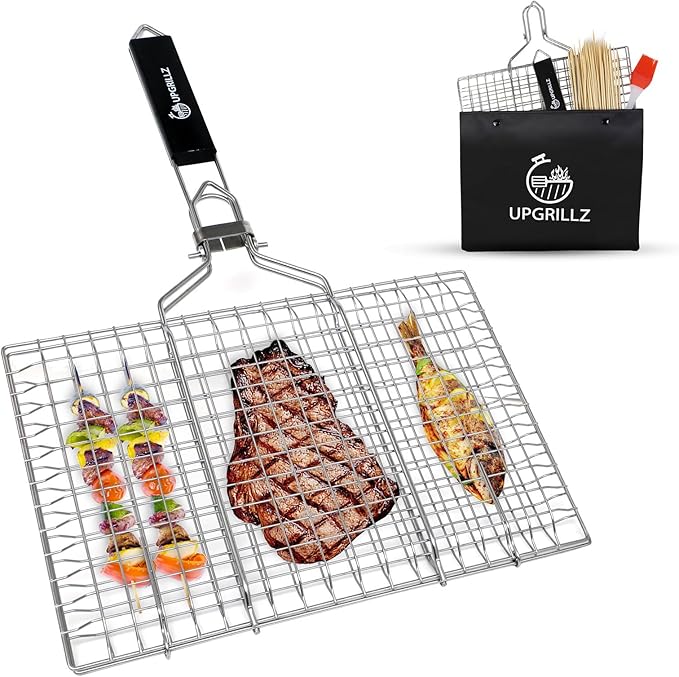 Fish Grill Baskets for Outdoor Grill Vegetables, Fish Grilling rack for Grill, BBQ Grilling Basket, Stainless steel Grill Basket for Veggies, shrimp Includes 50 skewers, Silicon Brush, and Carry Bag