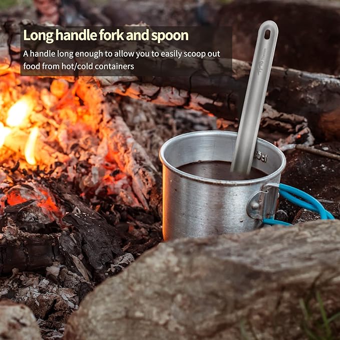 TiTo Titanium Long Handle Spork and Spoon Eco-Friendly Ultralight Portabale Flatware for Outdoor Camping Backpacking Hiking Travel Picnic Tableware with Bag (Bright Titanium Spork)