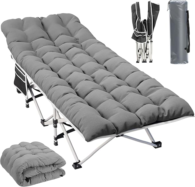 YITAHOME Camping Cots w/Mattress Portable Lounge Chair Outdoor Folding Cot Heavy Duty 575 LB Capacity 1200D Oxford w/Carry Bag Travel Camp Bed for Camping, Office, Traveling, Grey