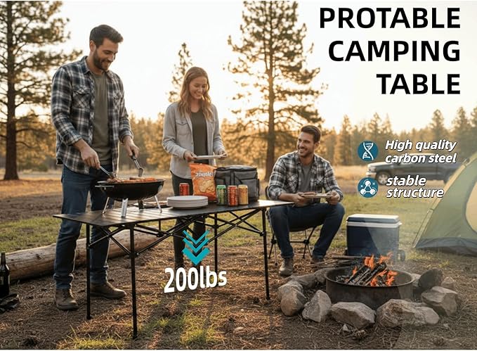 Camping Table，Portable Folding Table,with Carry Bag，Suitable for Indoor, Outdoor, Camping, Backyard, Party, Patio, The Black Camping Table at The Beach