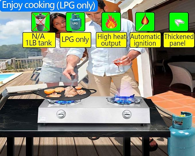 Propane Stove 2 Burner Auto Ignition Propane Burner 26000 BTU Gas Stove with CSA LPG Hose for Outdoor, Emergency