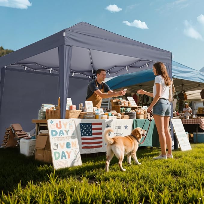10x10 Pop Up Canopy with Sidewalls, Outdoor Instant Canopy Tent with Carry Bag for Commercial Events, Camping, Backyard Parties - Dark Grey