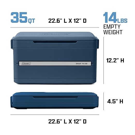 Coleman Snap 'N Go 35-Quart Collapsible Hard Cooler, Portable Hard-Sided Cooler with Waterproof Removable Liner, Spacing-Saving & Quick Set Up, 48 Hours Cold, Sapphire Blue
