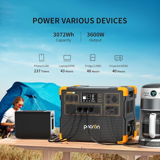 PECRON Portable Power Station 3072Wh E3600LFP with Trolley, 5x3600W AC Outlets Power Station, LiFePO4 Battery Backup Expanded to 15.36KWh, Solar Generator for Home Use, RV, Camping, CPAP, Emergency