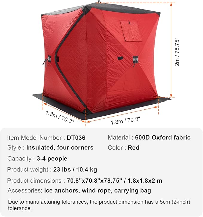 VEVOR Portable Pop-Up Tent, 1-8 Person Insulated Shelter, Large Fishing Area, Hub-Style Shanty for Winter Fishing, Waterproof Oxford Ice Cube with Anchors/Ropes/Carrying Bag