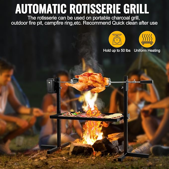 Rotisserie Grill Kit Tripod Rotisserie Stand, 29" Roaster Charcoal Spit With Portable DC 3V Motor Motor & Adjustable Height For Outdoor Camping Party