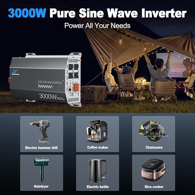 3000 Watts Pure Sine Wave Inverter 12V DC to 110V/120V AC Converter, 6000W Peak, LCD Remote Control, 4 AC Outlets, USB & Type-C – for RV, Truck, Off-Grid Solar System, Emergency Power