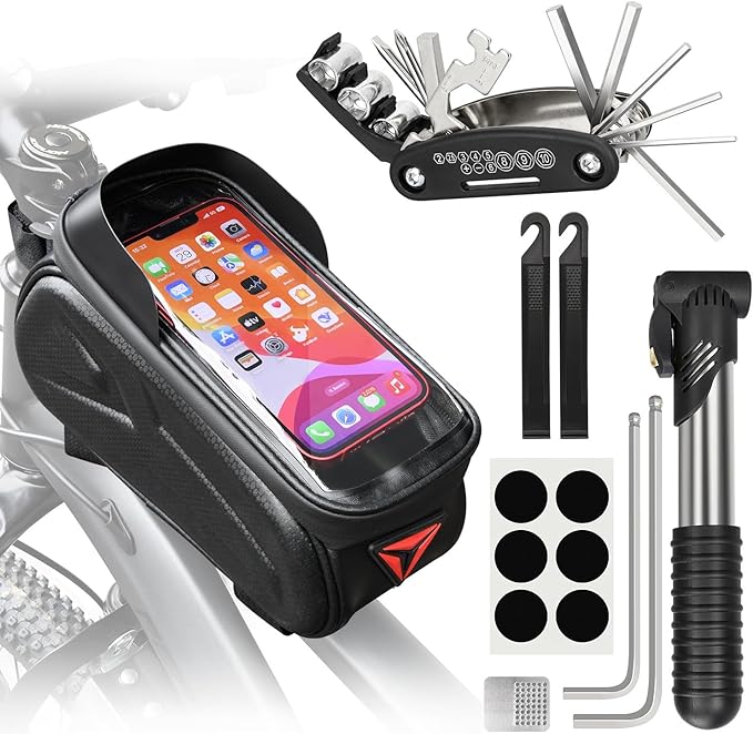 Bike Repair Kit, Bicycle Repair Bag With Tire Pump, Bike Tool Kit for Camping Travel, 16-in-1 Bike Multitool, Bicycle Tire Repair Kit, 4mm and 5mm Allen Wrenches, Used for Mountain Bike and Road Bike