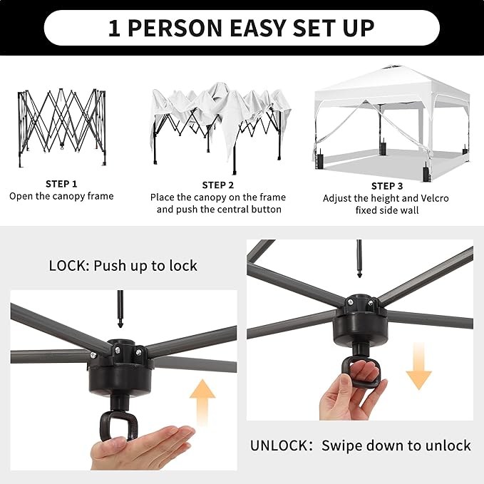 GDY 8x8FT Outdoor Pop Up Canopy Tent with One Push Setup, Easy Setup Gazebo with 4 PVC Transparent Sidewalls for Events, Parties, Camping, White