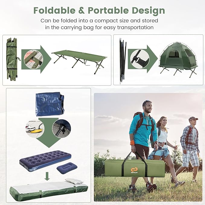 Goplus Camping Tent Cot, 5-in-1 Folding Camping Bed with Air Mattress, Pillow, Sleeping Bag, Waterproof Elevated Tent Shelter, Portable Outdoor Sleeping Cot with Carry Bag for Picnic, Trip