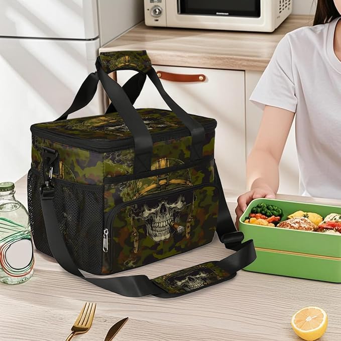 Pardick Camouflage Camo Skull Soft Cooler Bag Insulated Lunch Box for Men & Women, Large Leakproof Lunch Bag Portable Beach Cooler for Work, Picnic, Road Trips,Fishing, Travel, Camping,A-10