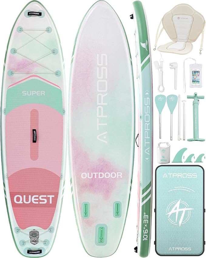 10'6''x33''Inflatable Stand Up Paddle Board, 400lbs Extra Wide Stand Up Paddleboard with Kayak Seat, Anti-Slip EVA Deck Premium SUP Accessories Kit, Non-Slip Stable Deck Boat for Yoga Fishing Surf