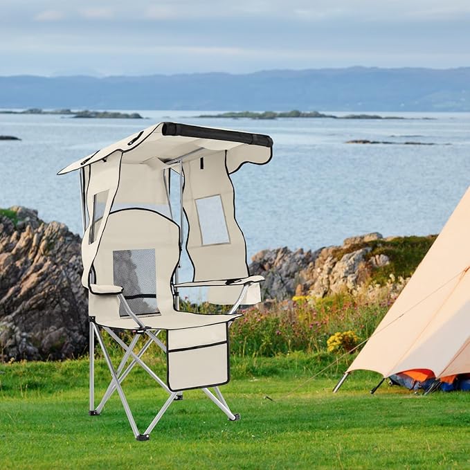 ptlsy Folding Camping Chair with Canopy, Beach Chair with Canopy Shade with Cup Holders, Cooler Bag for Camping, Fishing, Beach, Sports and Concert (White)
