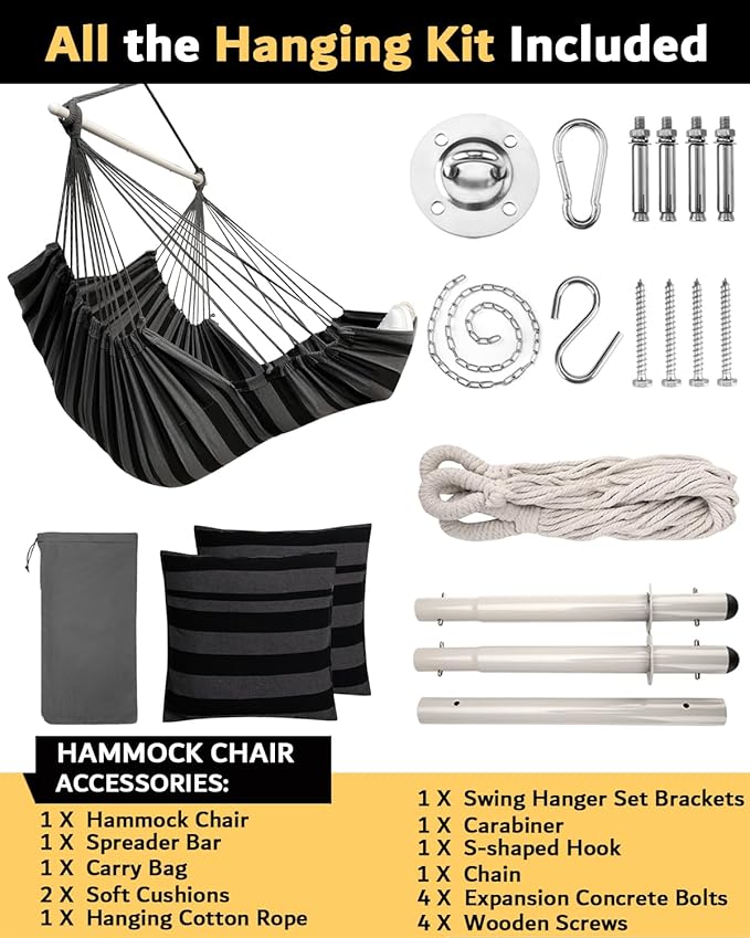 ADVOKAIR Hanging Hammock Chair Large Swing Chair with Foot Rest and Hardware,Max 500lbs,Steel Spread Bar with Anti Slips, 2 Cushions and Side Pocket,Indoor/Outdoor Use…
